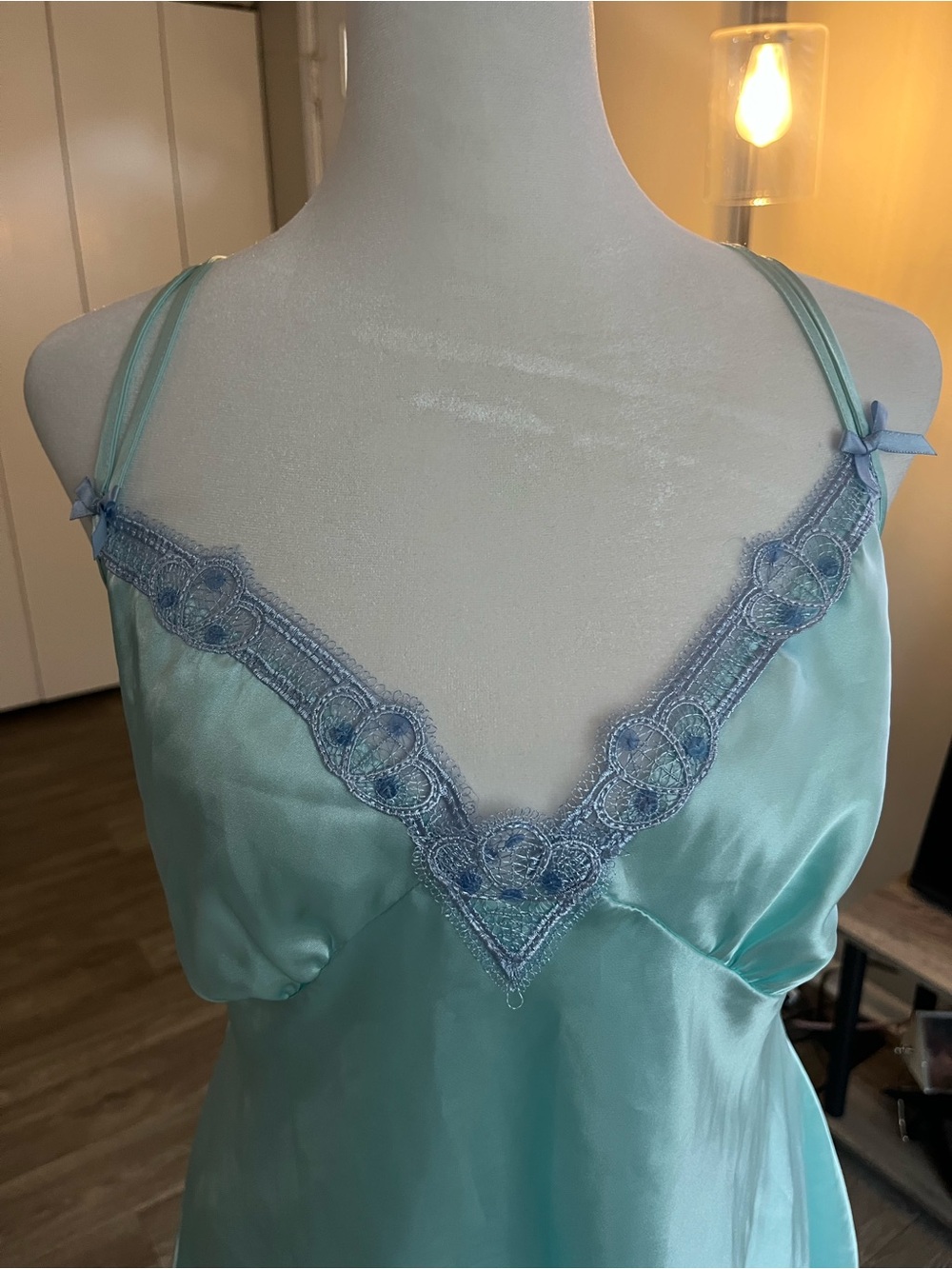 Silky Aqua Lace-Trim Chemise Nightdress - Picture 2 of 9
